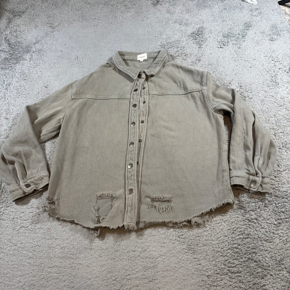 Wishlist Women Distressed Frayed Hem Shacket M/L Olive Green Cotton Snap Front